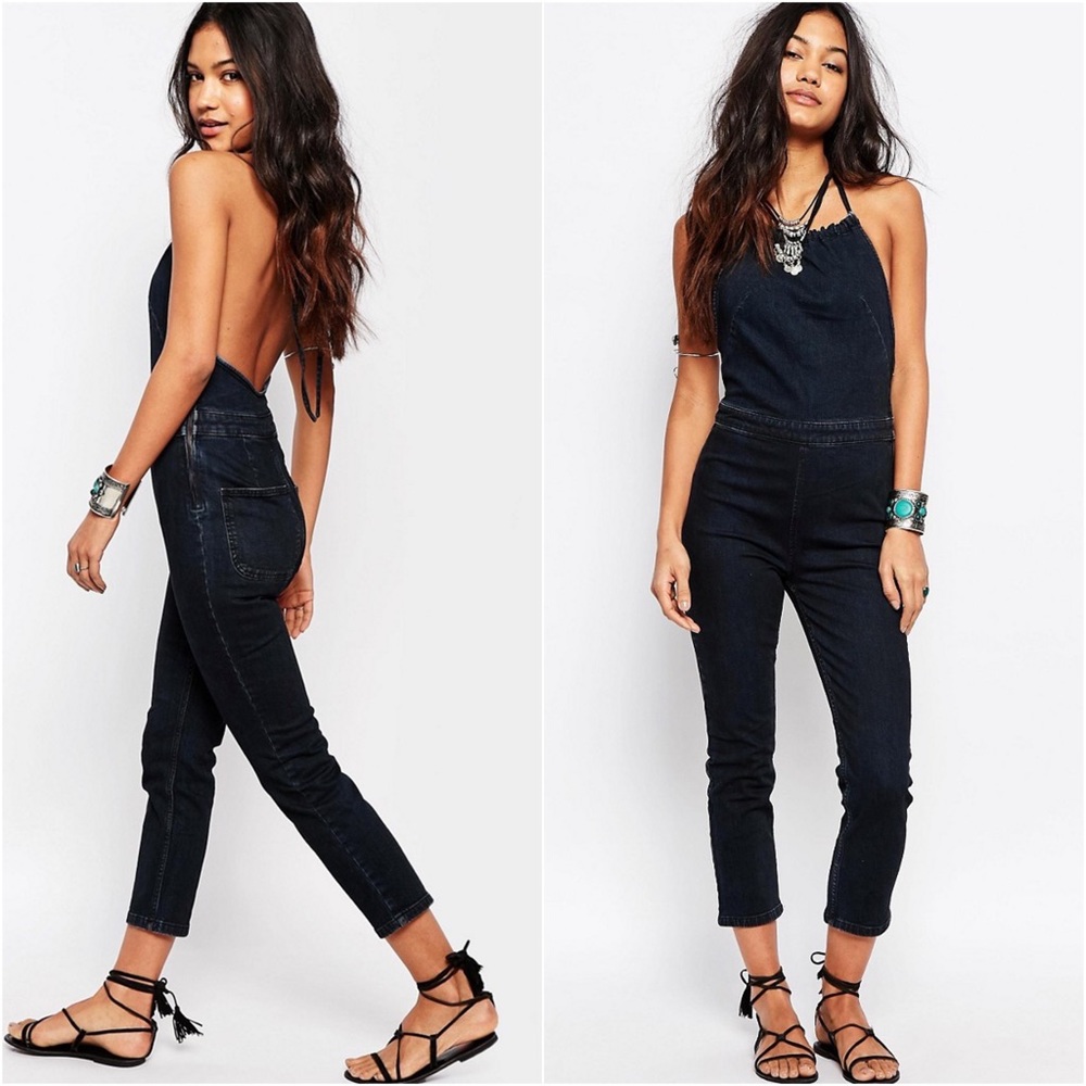 Free People Hearts on Fire Denim Jumpsuit Tijuana Halterall Size 2 Dark Blue